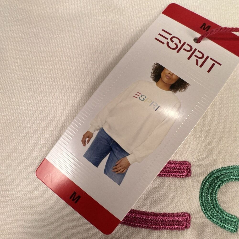 Esprit Women's Logo Fleece Crewneck Sweatshirt Cream Viral 80's Costco Med NEW - Picture 5 of 6